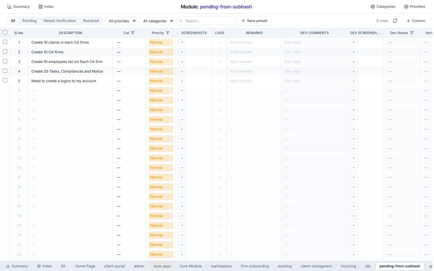 Devtracker — module grid with editable rows
