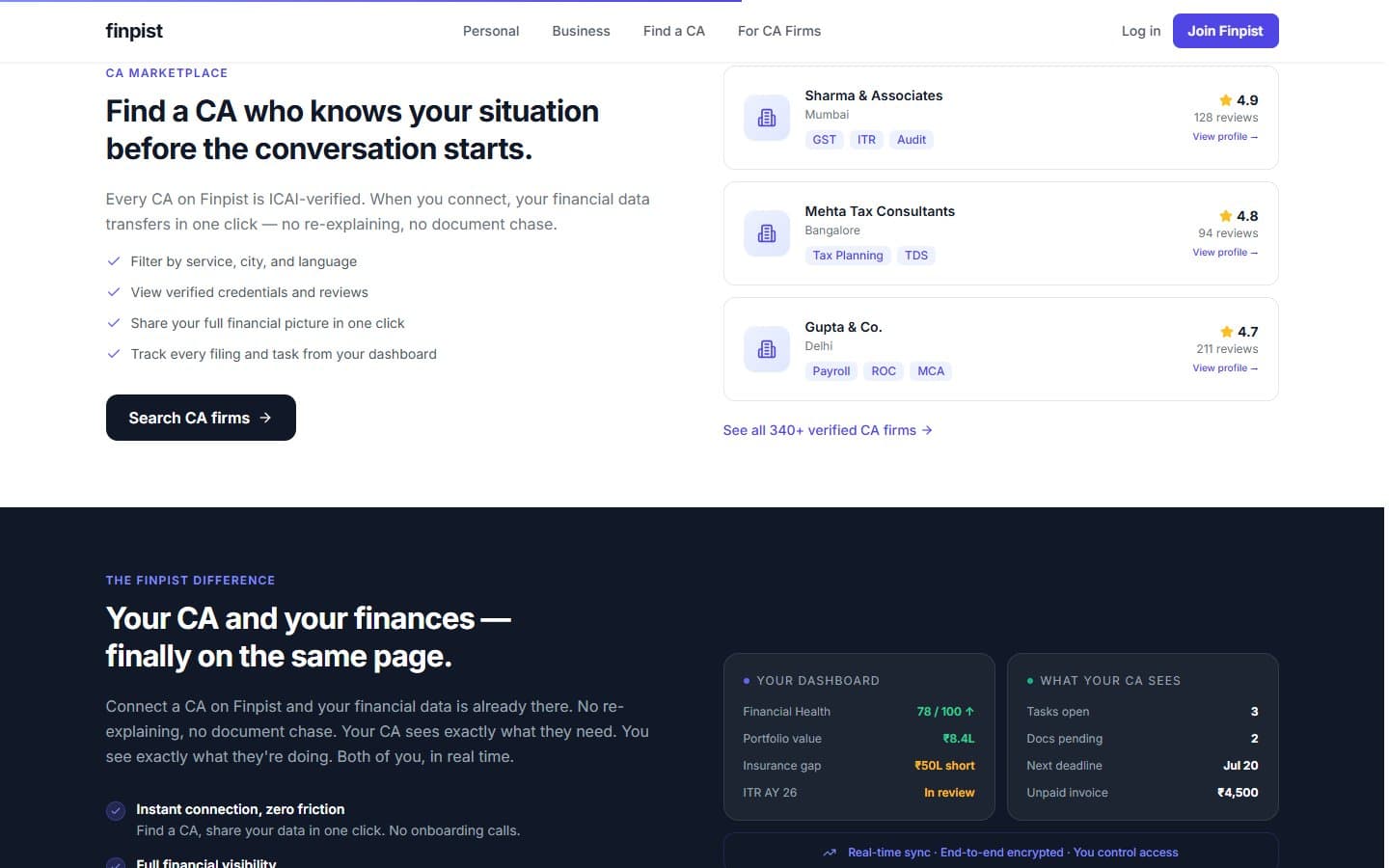 Finpist — find a CA marketplace section