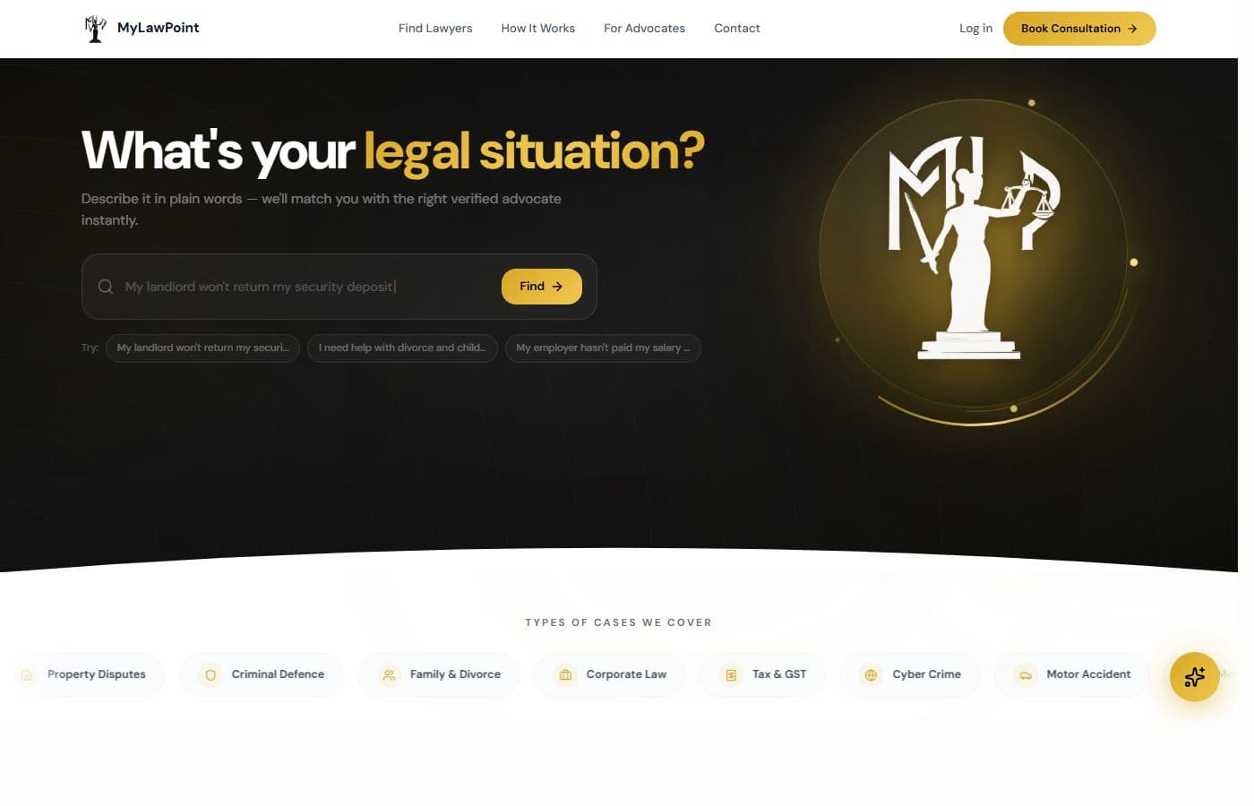 MyLawPoint homepage — What's your legal situation? AI-powered search with advocate match cards