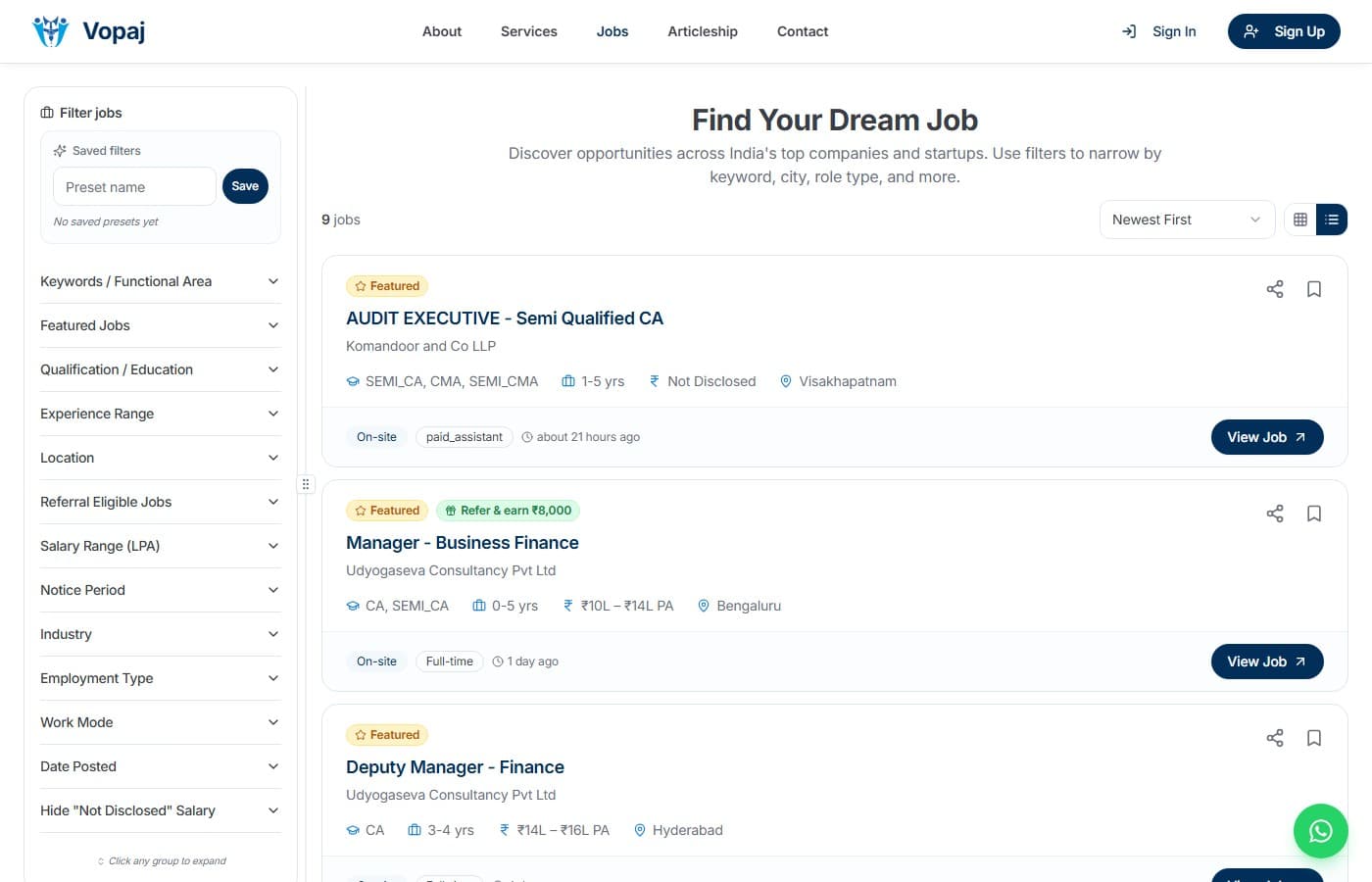 Vopaj job listings page with multi-filter sidebar and featured job cards
