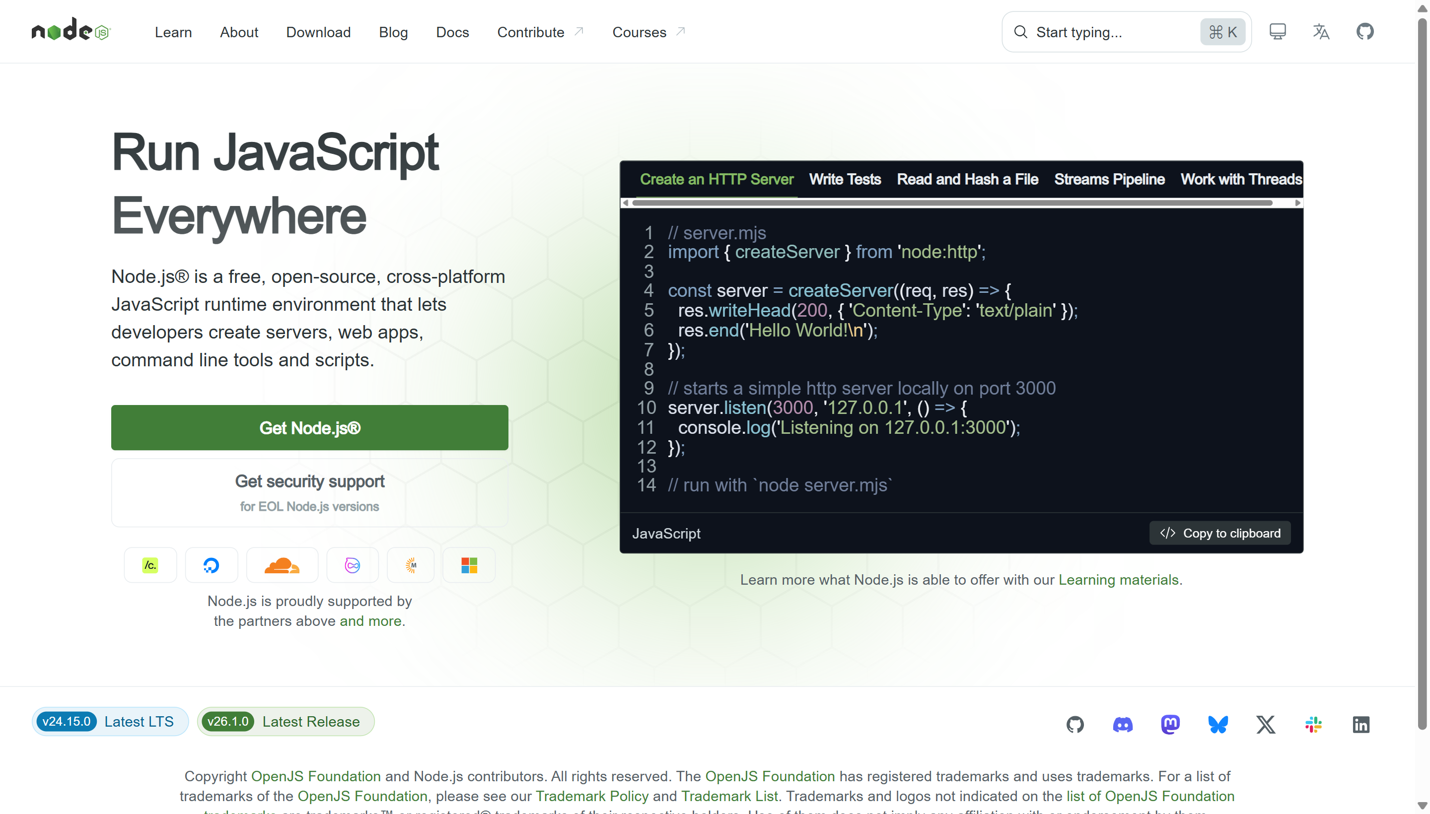 Node.js homepage — LTS download button