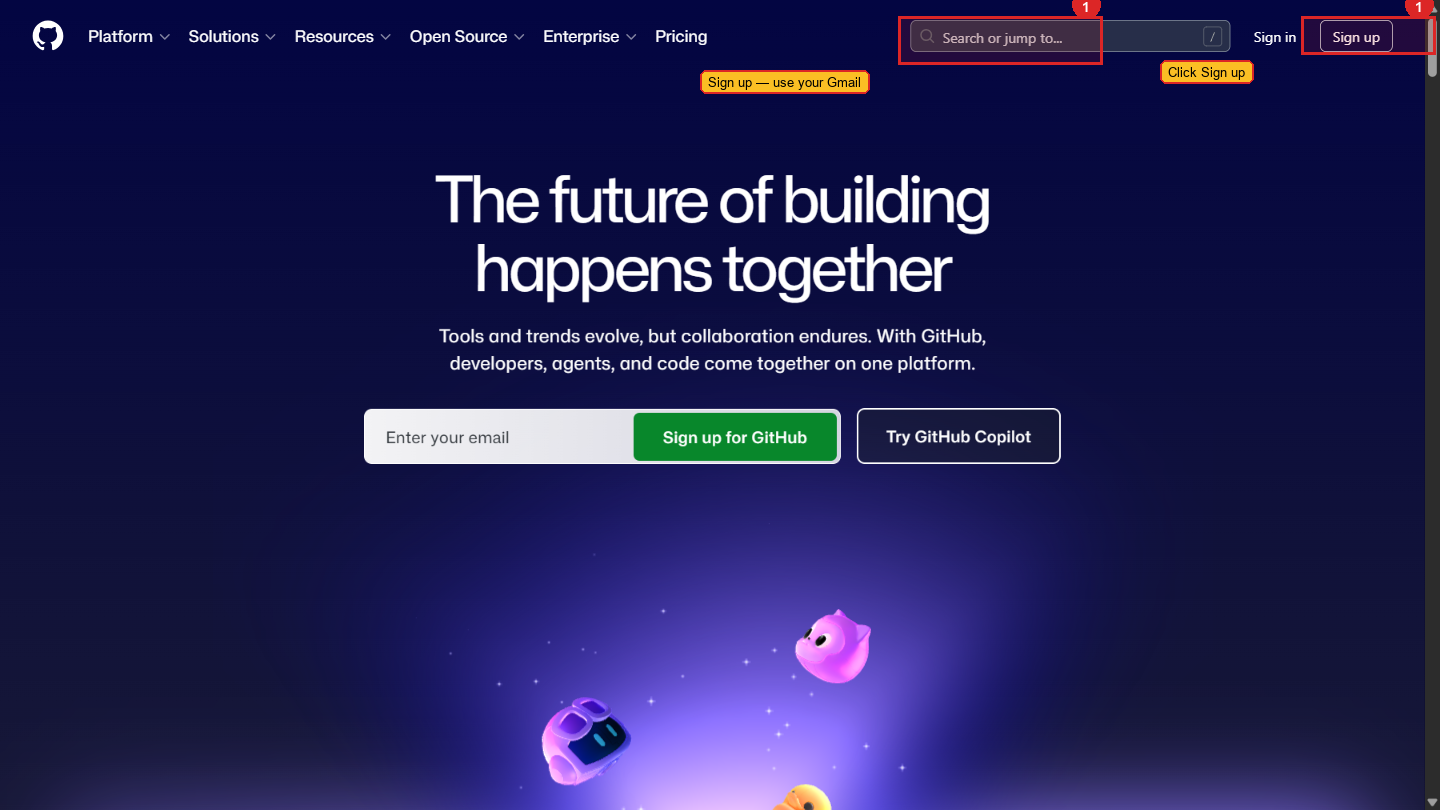 GitHub sign-up page with the green Sign up button highlighted