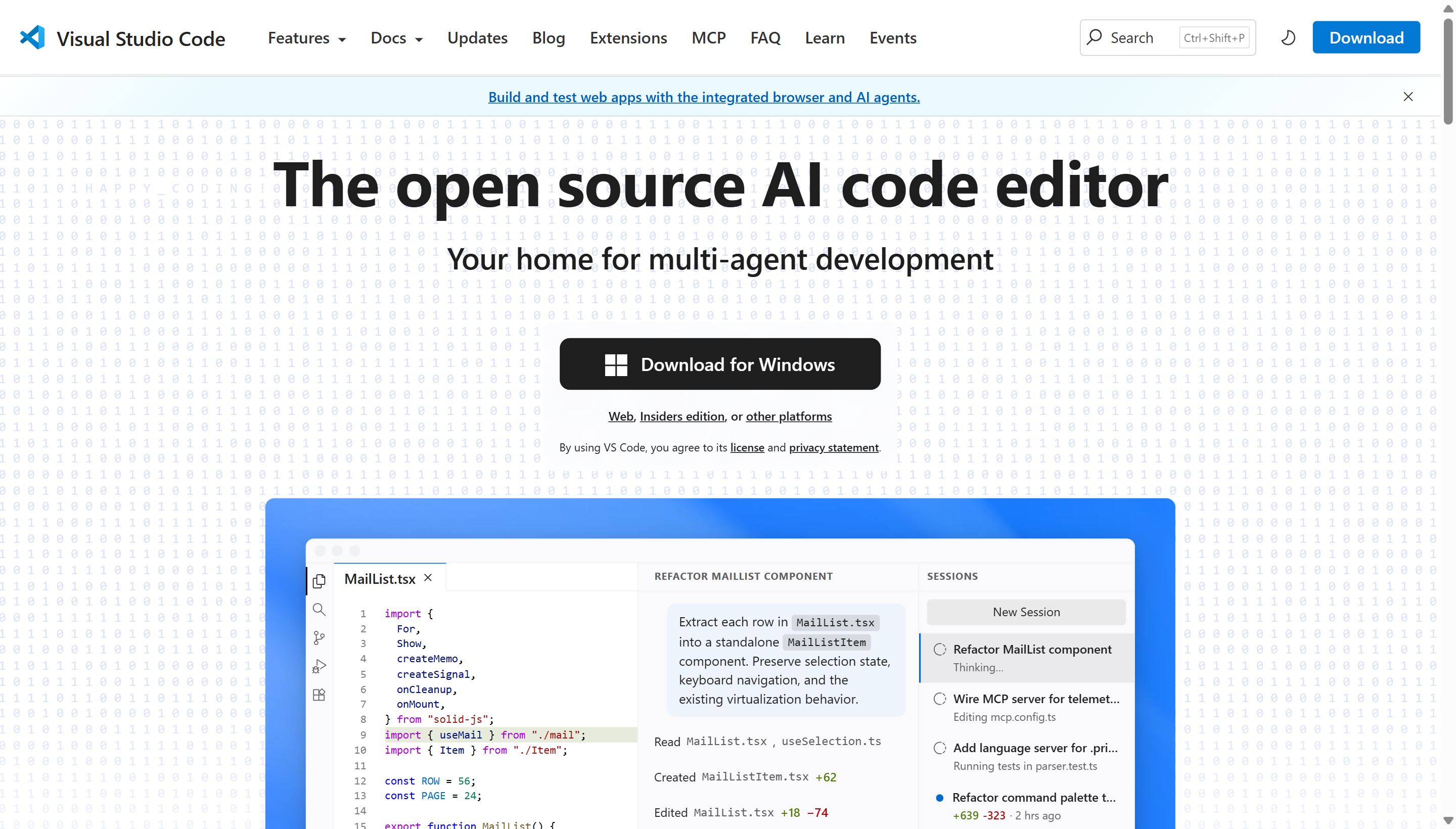 VS Code homepage — Download for Windows button