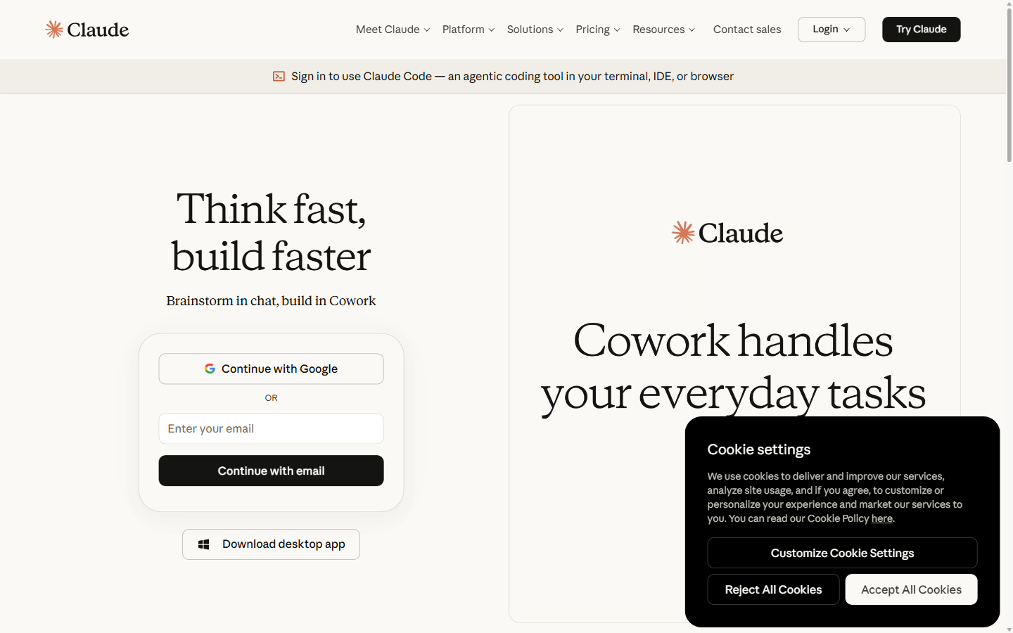 Claude.ai homepage — entry point to Claude Code