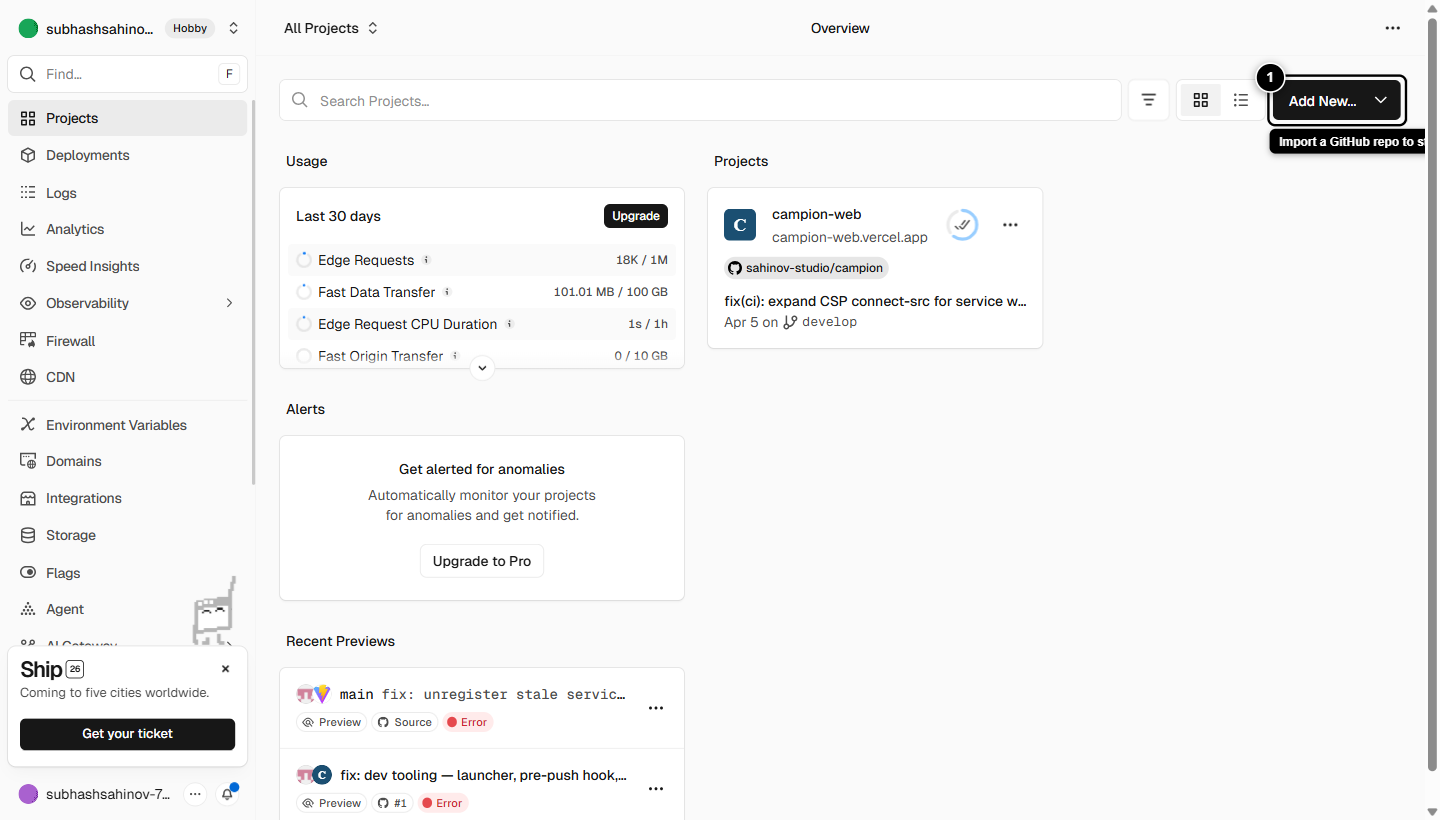 Vercel dashboard