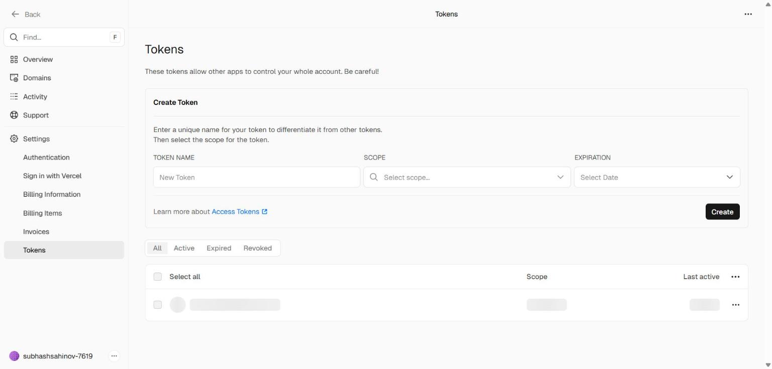 Vercel Account Settings — Tokens page
