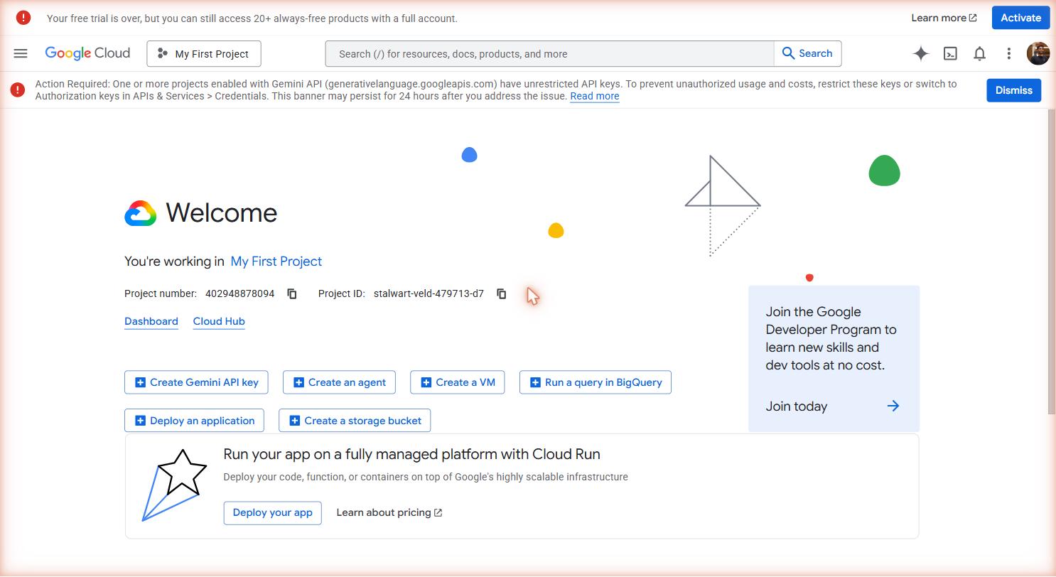 Google Cloud Console — welcome page