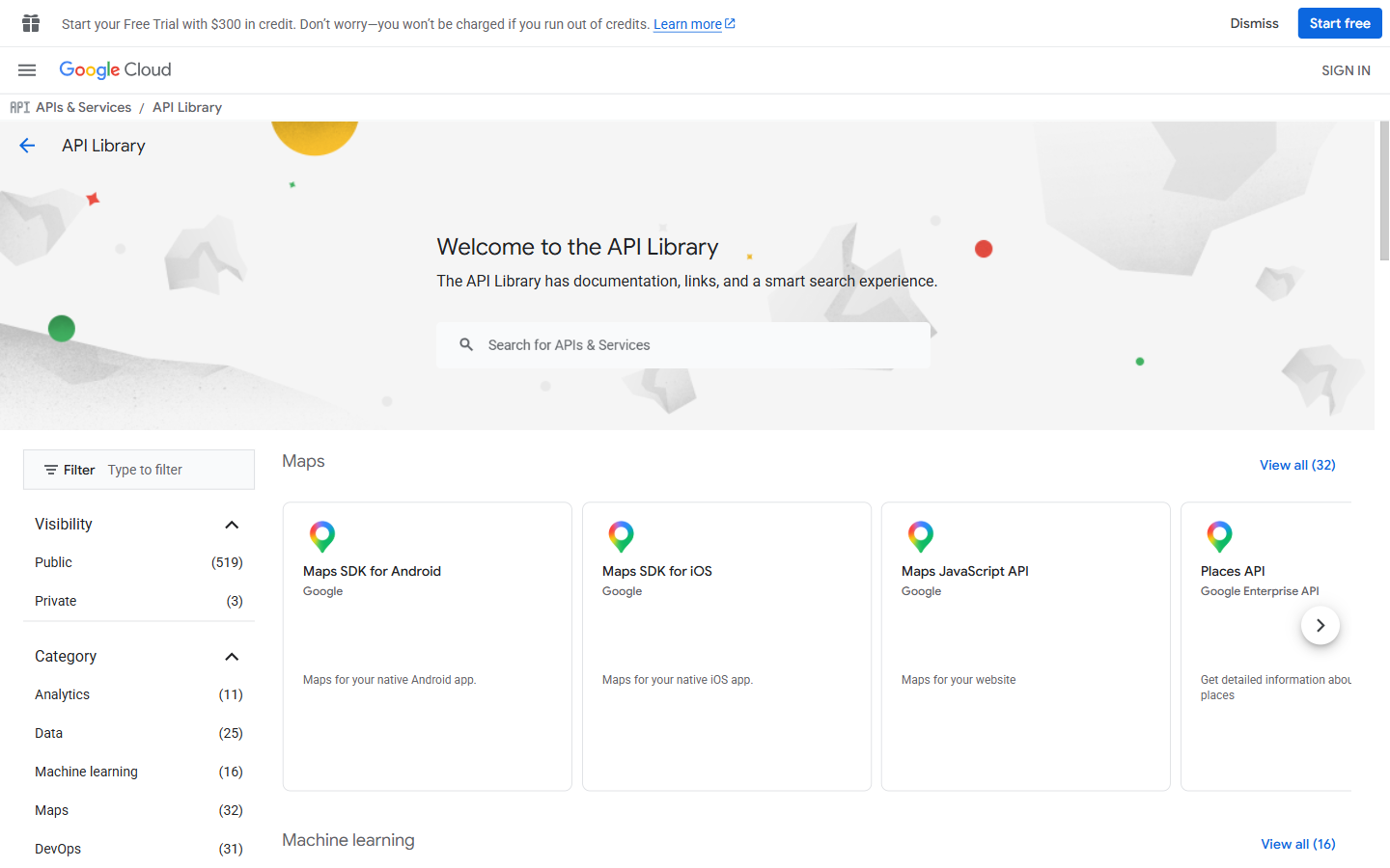 Google Cloud API Library — searchable catalogue of every Google API