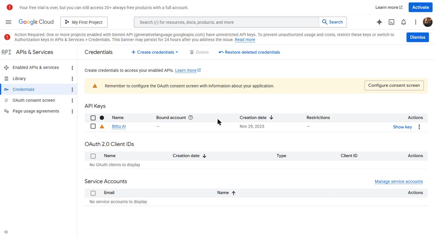 Credentials page — Create credentials button
