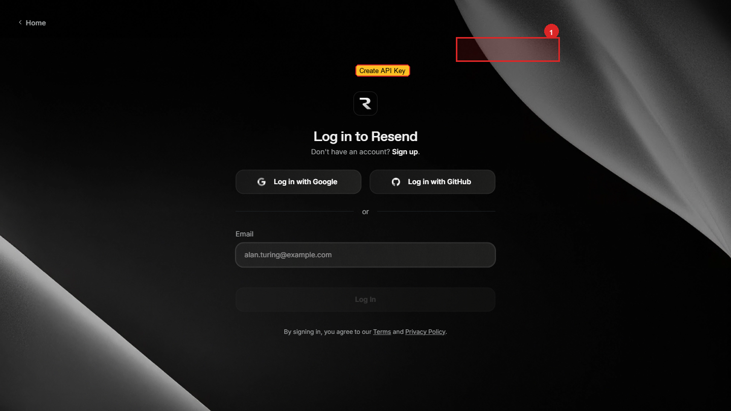 Resend API Keys page — click "Create API Key" to generate a new key for your project