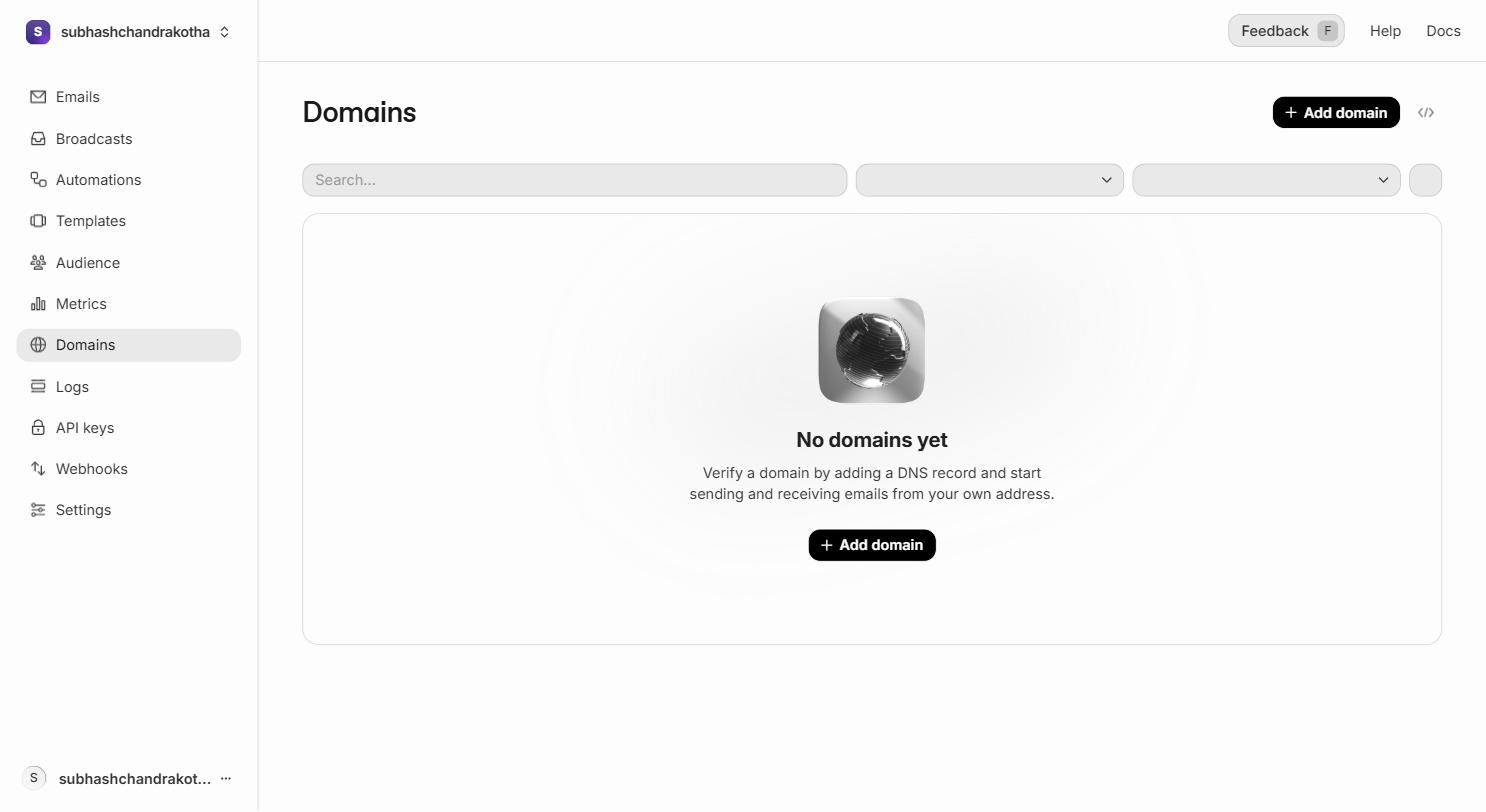 Resend Domains page — empty state with Add Domain button highlighted