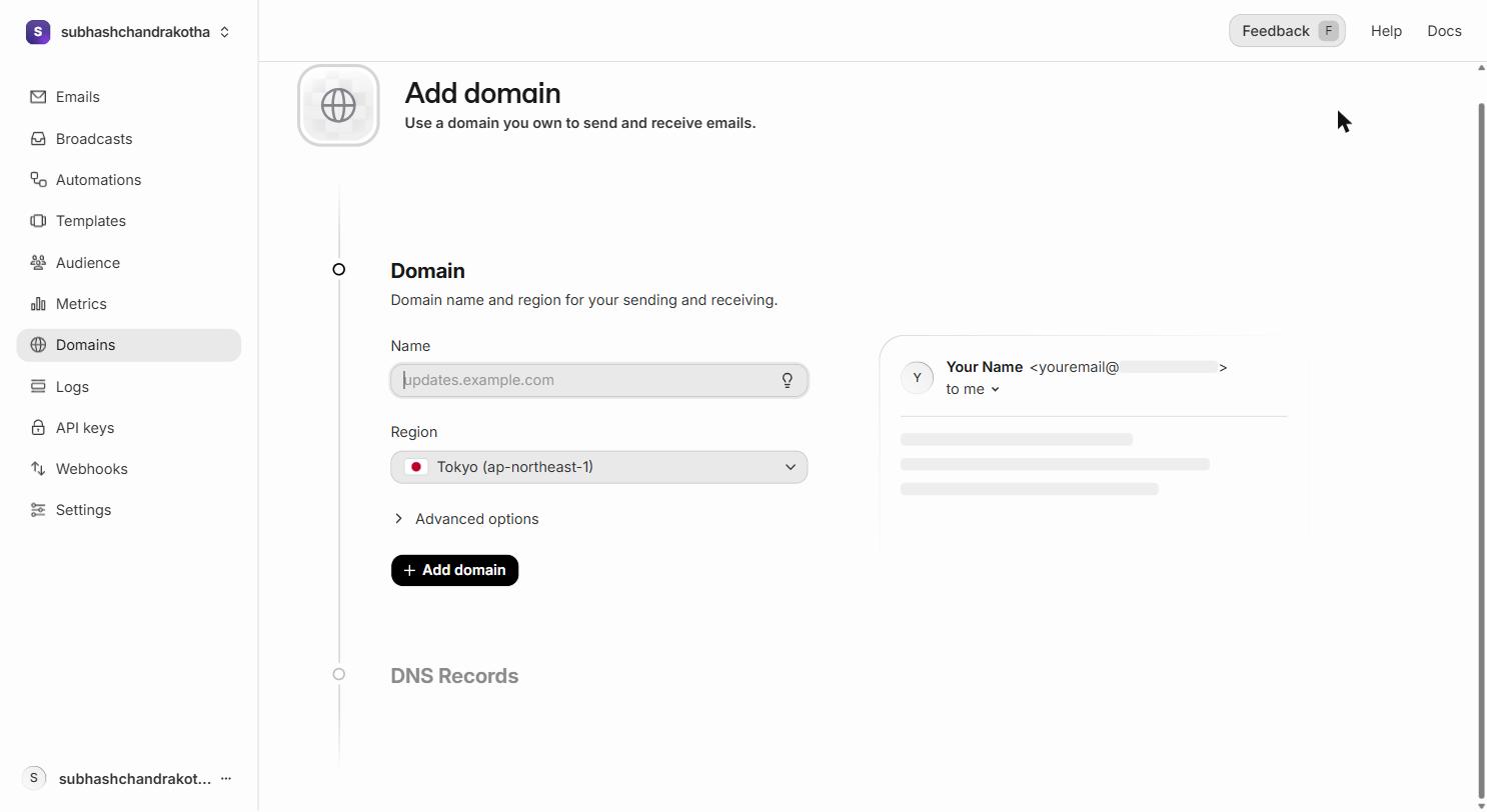 Resend domain detail page showing DNS records to add