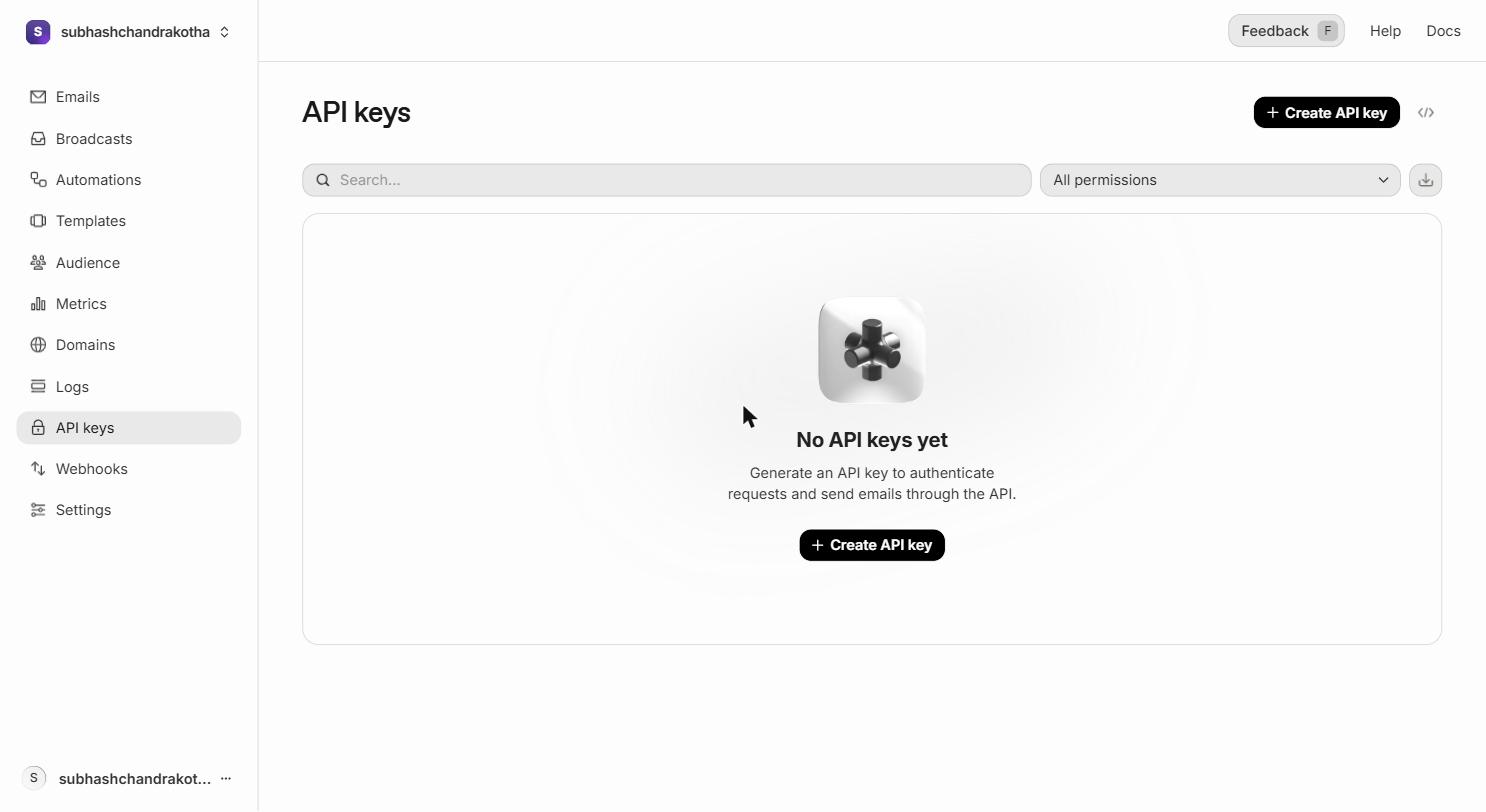 Resend API Keys page with Create API Key button highlighted