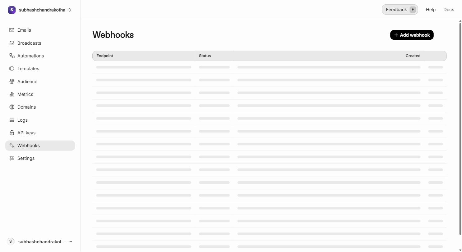 Resend Webhooks page with Add Endpoint button highlighted