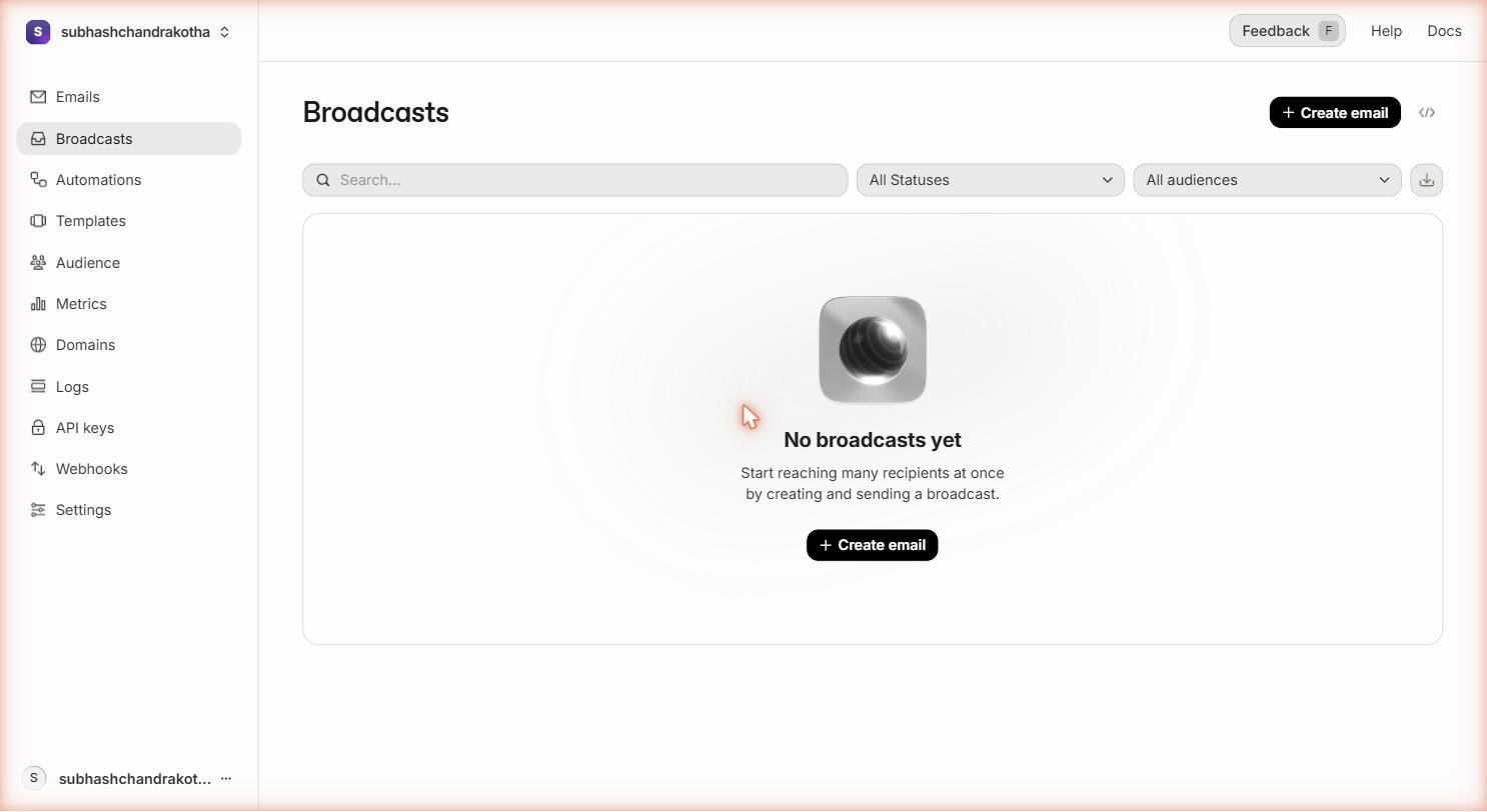 Resend Broadcasts page