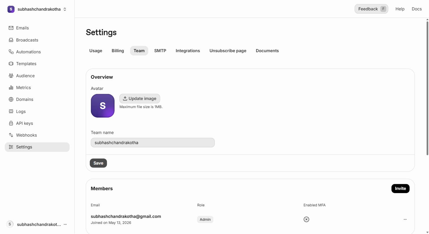 Resend Settings → Team page