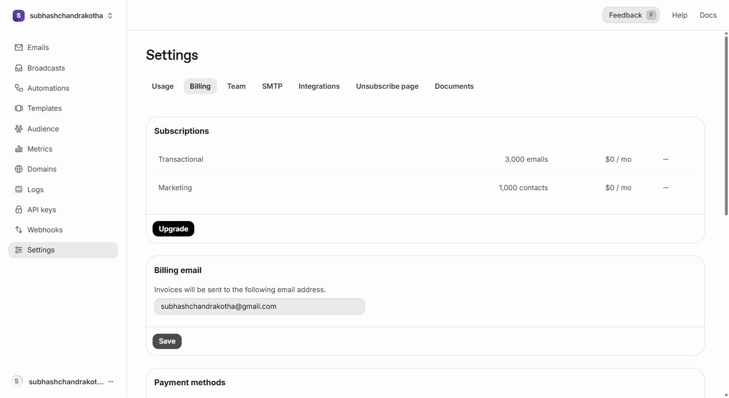 Resend Settings → Billing page