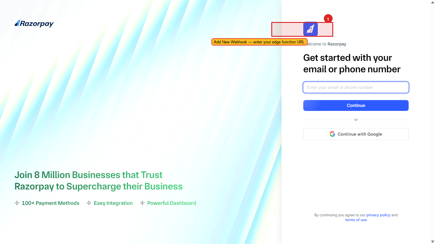 Razorpay webhooks configuration screen — endpoint URL, active events, and secret key fields