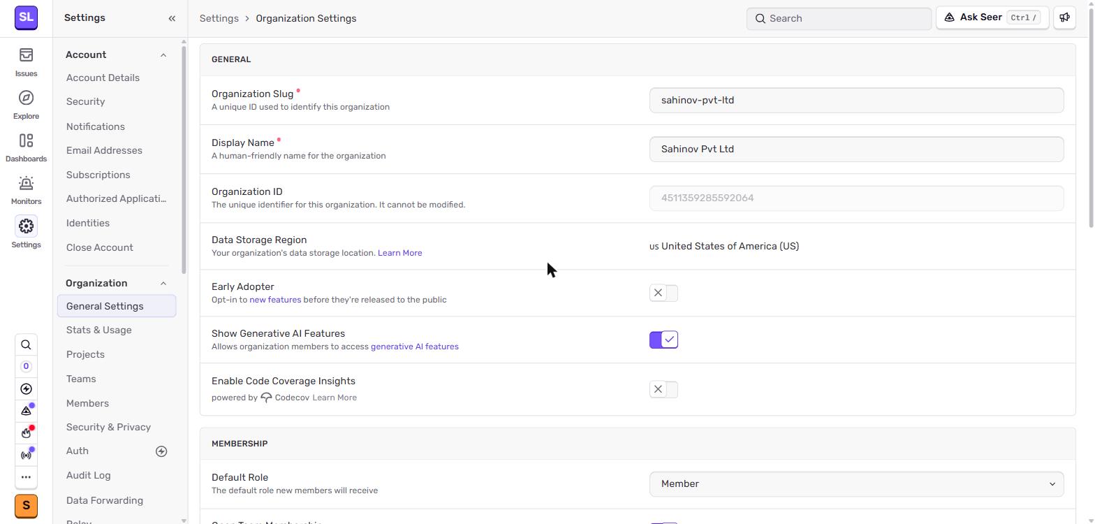 Sentry Settings → Organisation