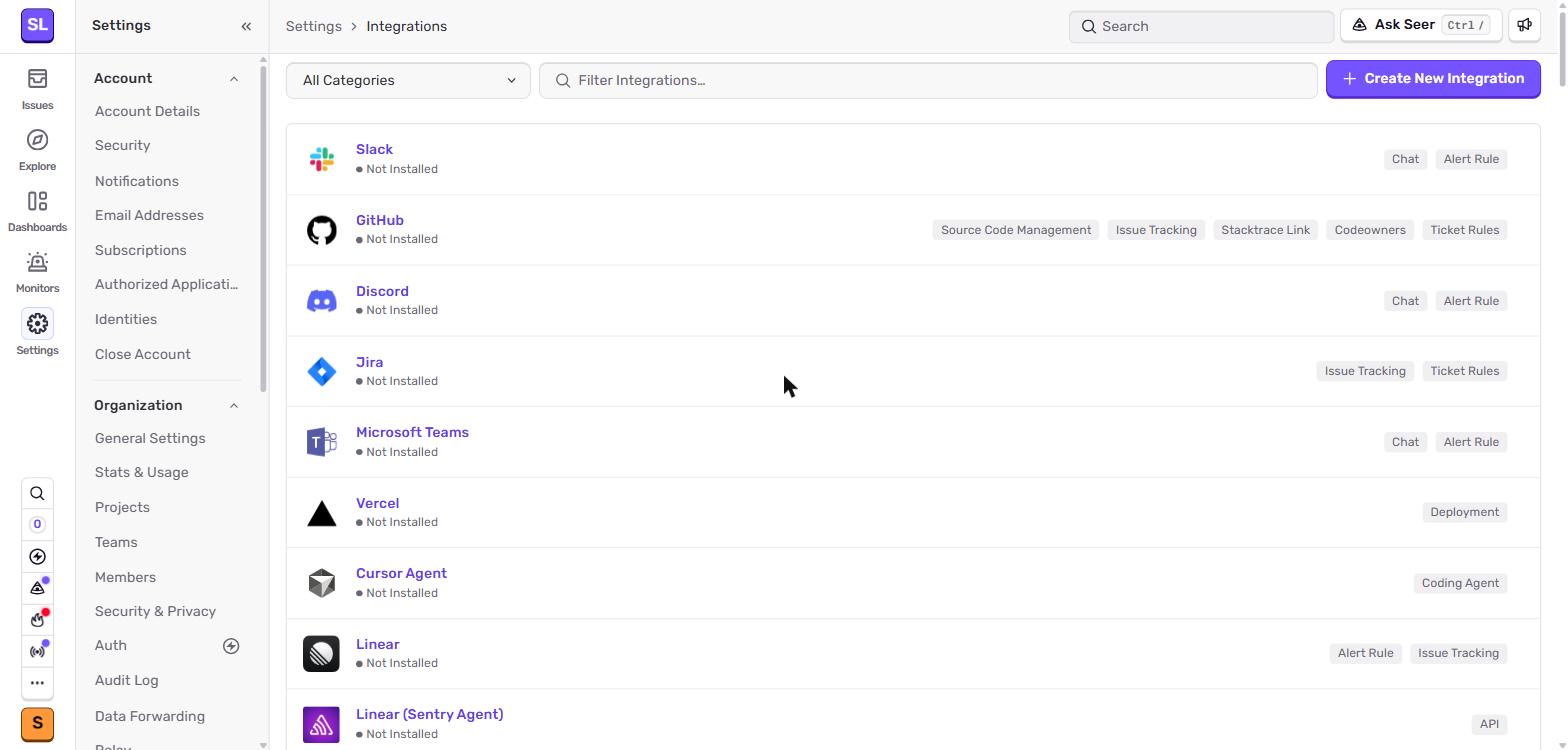 Sentry Settings → Integrations (GitHub, Slack, Vercel)
