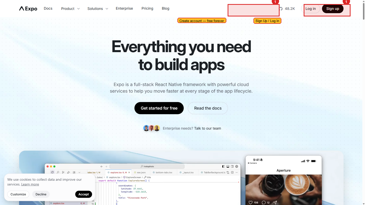 Expo homepage — the starting point for creating your account and exploring EAS services