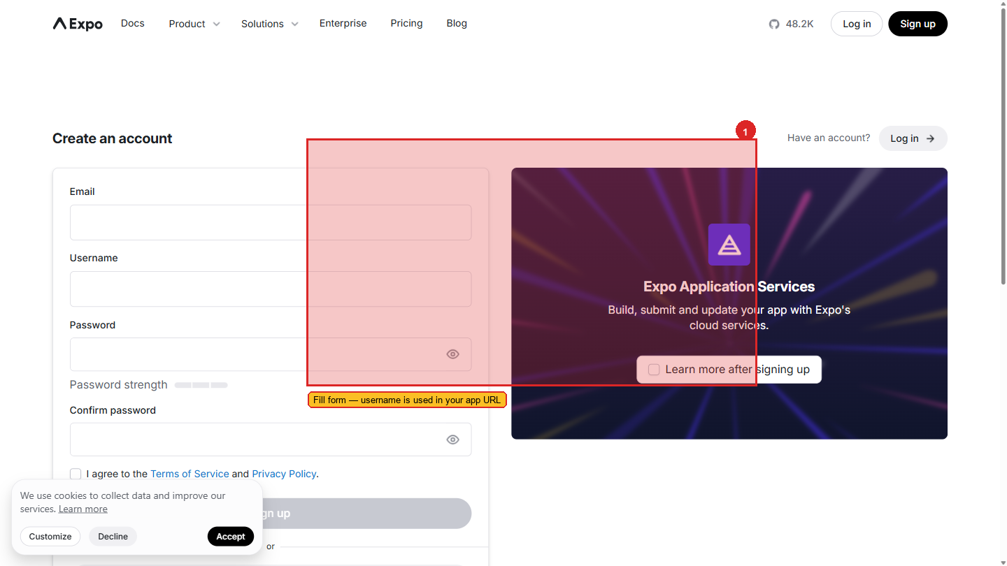 Expo sign-up form — username, email, and password fields
