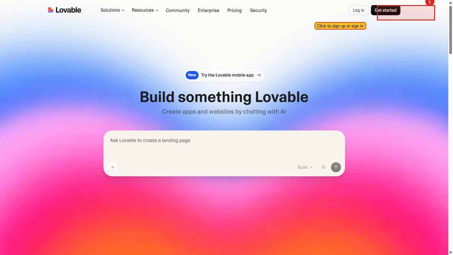 Lovable homepage — the starting point for vibe coding