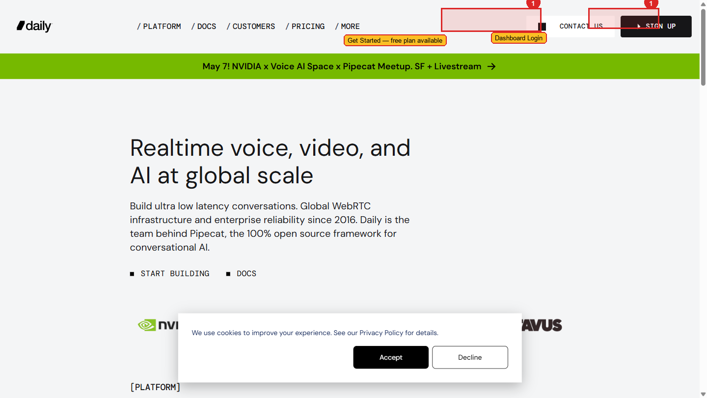 Daily.co homepage — professional video API with a free tier sufficient for early-stage products