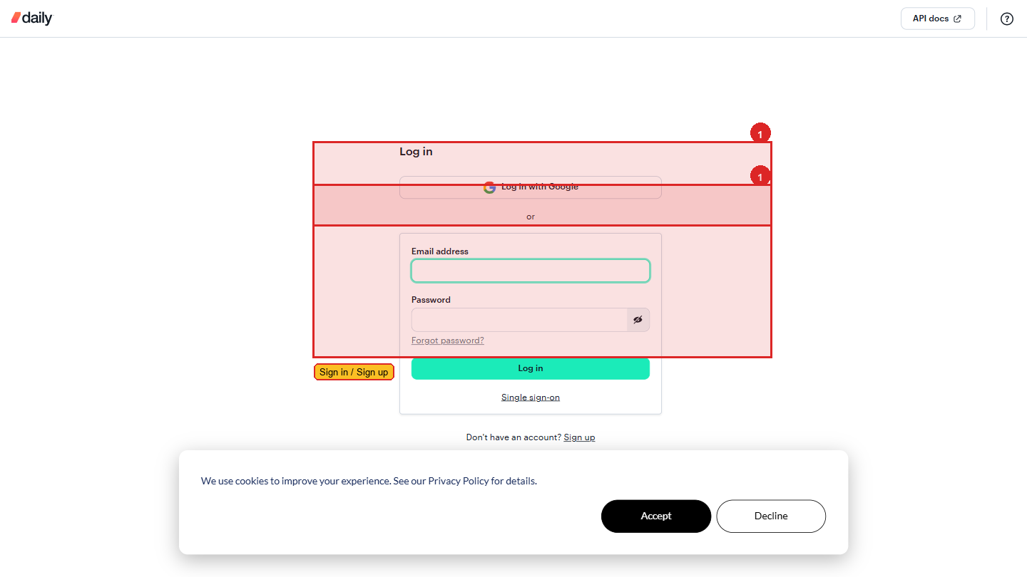 Daily.co login page — sign in to reach the dashboard and your API key